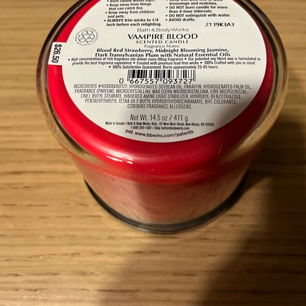 Bath & Body Works 3 Wick Candle. Vampire  Blood.